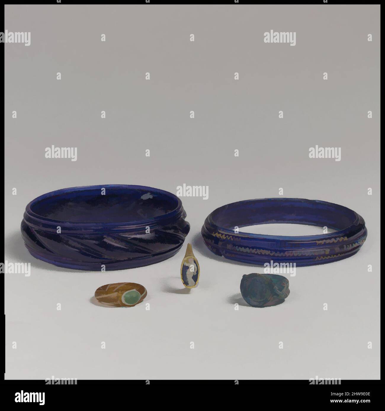 Art inspiré par les bagues et bracelets de verre, hellénistique et impérial, 3rd siècle avant J.-C. –4th siècle avant J.-C., grec et romain, verre, à l'époque préhistorique, verre naturel, appelé obsidienne, a été utilisé non seulement pour des armes et des outils mais aussi pour des objets d'ornement personnel. Après, les œuvres classiques modernisées par Artotop avec une touche de modernité. Formes, couleur et valeur, impact visuel accrocheur sur l'art émotions par la liberté d'œuvres d'art d'une manière contemporaine. Un message intemporel qui cherche une nouvelle direction créative. Artistes qui se tournent vers le support numérique et créent le NFT Artotop Banque D'Images