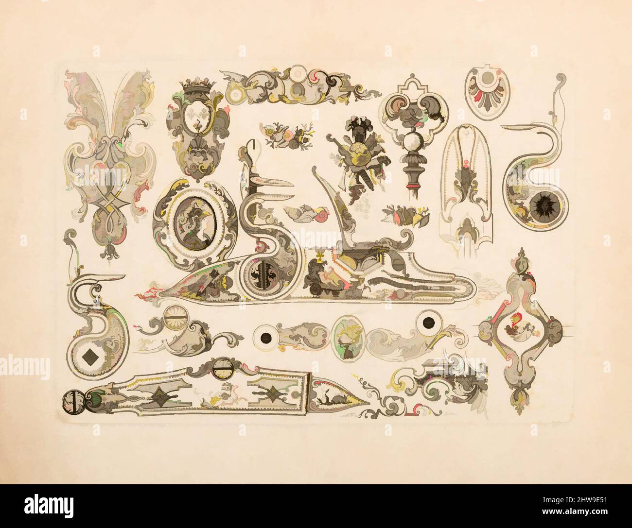 Art inspiré de la plate-cinq de Nouveavx Desseins d'Arquebvseries, en date de 1730, Paris, Français, Paris, Gravure, feuille : 11 1/2 x 9 po. (29,2 x 22,9 cm); plaque : 9 3/8 x 6 5/8 po. (23,8 x 16,8 cm), oeuvres sur les gravures sur papier, de Lacollombe (français, Paris, active ca. 1702 environ 1736), le, les œuvres classiques modernisées par Artotop avec une touche de modernité. Formes, couleur et valeur, impact visuel accrocheur sur l'art émotions par la liberté d'œuvres d'art d'une manière contemporaine. Un message intemporel qui cherche une nouvelle direction créative. Artistes qui se tournent vers le support numérique et créent le NFT Artotop Banque D'Images