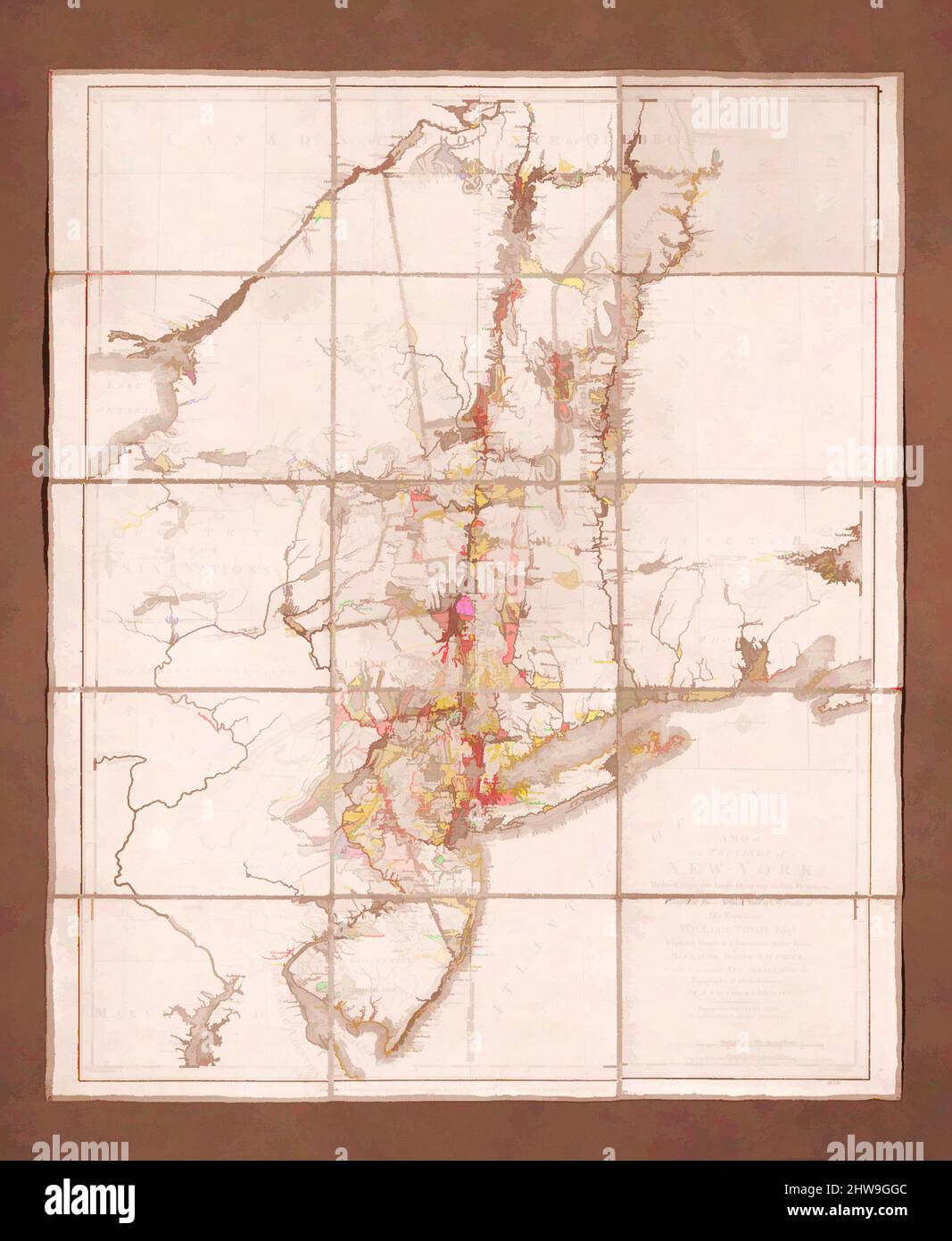 Art inspiré par la carte de la province de New York, 1776, fait à Londres, Angleterre, encre sur papier monté sur toile, 29 11/16 x 24 3/4 po. (75,4 x 62,9 cm), Natural substances, William Faden le plus jeune (British, London 1749–1836 Shepperton, Classic œuvres modernisées par Artotop avec une touche de modernité. Formes, couleur et valeur, impact visuel accrocheur sur l'art émotions par la liberté d'œuvres d'art d'une manière contemporaine. Un message intemporel qui cherche une nouvelle direction créative. Artistes qui se tournent vers le support numérique et créent le NFT Artotop Banque D'Images