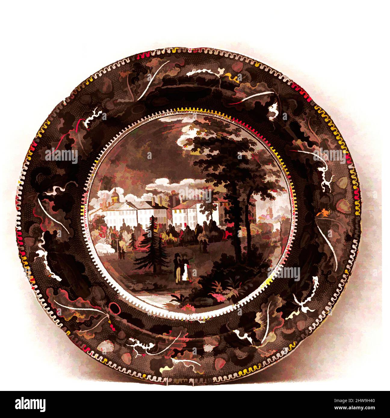 Art inspiré par plate, env. 1825 environ 1827, fabriqué à Staffordshire, Stoke-on-Trent, Angleterre, Royaume-Uni (marché américain), Faïence, imprimé transvasé, diam. 10 po (25,4 cm), céramique, Ralph Stevenson & Williams (active ca. 1825–27, œuvres classiques modernisées par Artotop avec une touche de modernité. Formes, couleur et valeur, impact visuel accrocheur sur l'art émotions par la liberté d'œuvres d'art d'une manière contemporaine. Un message intemporel qui cherche une nouvelle direction créative. Artistes qui se tournent vers le support numérique et créent le NFT Artotop Banque D'Images