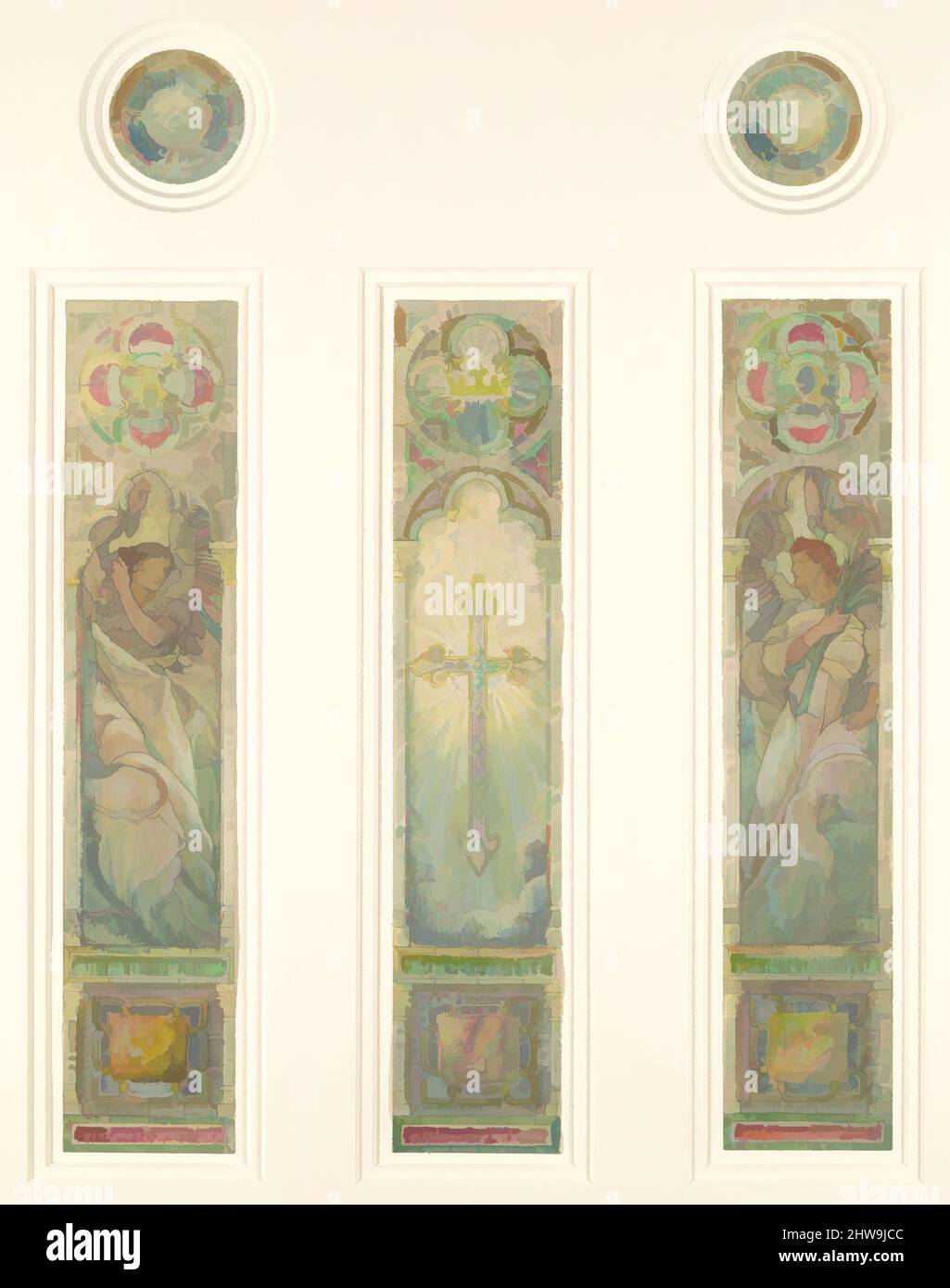 Art inspiré par le design pour fenêtre triple lumière, fin 19th–début 20th siècle, fabriqué à New York, États-Unis, américain, aquarelle, gouache, Crayon de couleur, photo de gélatine argentée sur papier, et graphite, collé au papier vélin blanc cassé coupé en trois fenêtres rectangulaires et deux, oeuvres classiques modernisées par Artotop avec une touche de modernité. Formes, couleur et valeur, impact visuel accrocheur sur l'art émotions par la liberté d'œuvres d'art d'une manière contemporaine. Un message intemporel qui cherche une nouvelle direction créative. Artistes qui se tournent vers le support numérique et créent le NFT Artotop Banque D'Images