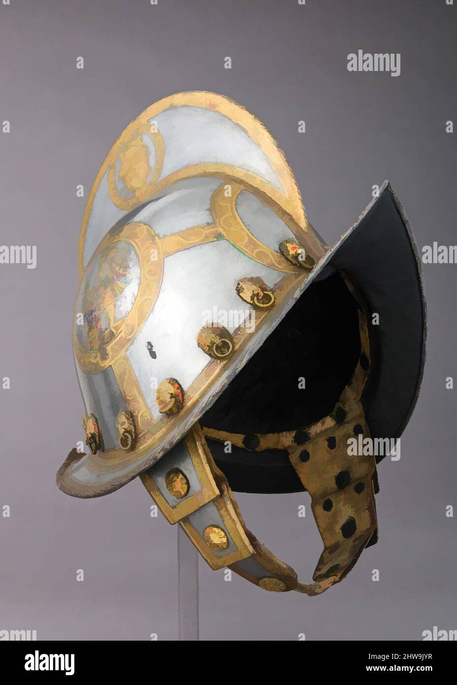 Art inspiré par Morion pour le garde du Prince-électeur de Saxe, ca. 1570, Nuremberg, allemand, Nuremberg, acier, Or, laiton, cuir, H. 11 1/2 po. (29,2 cm) ; H. du peigne 3 po (7,6 cm) ; avec 9 1/2 po (24,1 cm) ; D. 13 1/2 po (34,3 cm) ; poids 4 lb 4 oz (1928 g), casques, The, œuvres classiques modernisées par Artotop avec une touche de modernité. Formes, couleur et valeur, impact visuel accrocheur sur l'art émotions par la liberté d'œuvres d'art d'une manière contemporaine. Un message intemporel qui cherche une nouvelle direction créative. Artistes qui se tournent vers le support numérique et créent le NFT Artotop Banque D'Images