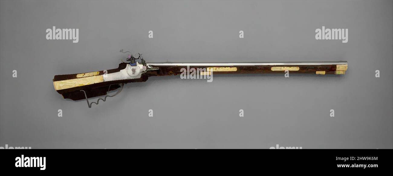 Art inspiré par Wheellock Rifle, ca. 1680–90, Schwäbisch Gmünd, allemand, Schwäbisch Gmünd, acier, Bois (cerise), ivoire, nacre, L. 41 5/8 po. (105,7 cm) ; L. du fût 30 13/16 po. (78,3 cm) ; L. de la serrure 7 1/8 po. (18,1 cm) ; Cal. .56 po (14,2 mm) ; poids 7 lb 11 oz (3500 g, œuvres classiques modernisées par Artotop avec une touche de modernité. Formes, couleur et valeur, impact visuel accrocheur sur l'art émotions par la liberté d'œuvres d'art d'une manière contemporaine. Un message intemporel qui cherche une nouvelle direction créative. Artistes qui se tournent vers le support numérique et créent le NFT Artotop Banque D'Images
