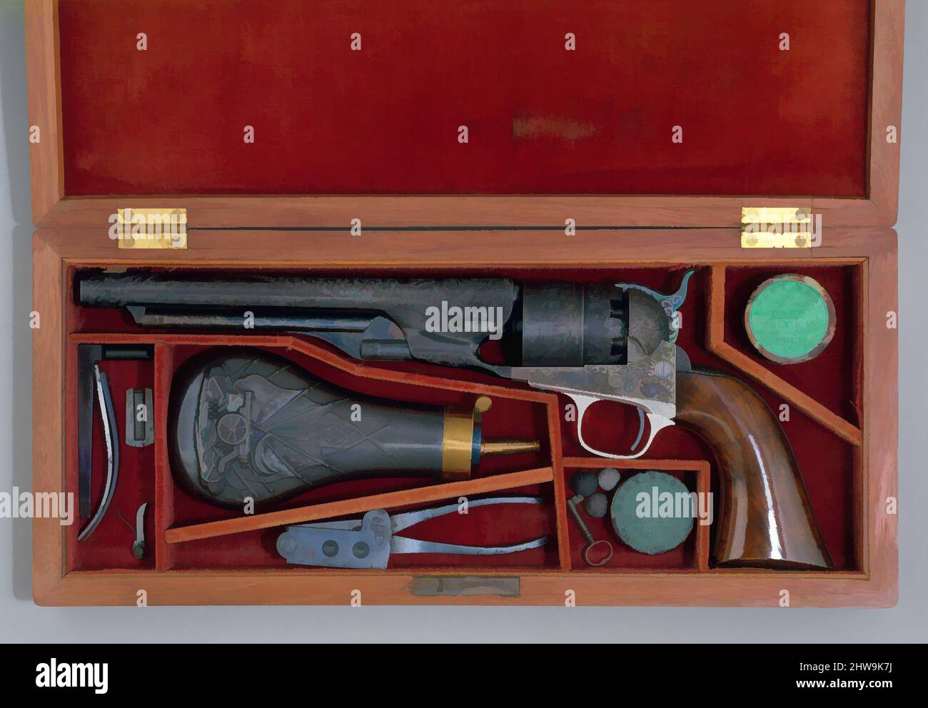 Art inspiré par le modèle 1860 de Colt, Revolver de percussion armée, n° de série 7569, avec accessoires, 1861, Hartford, Connecticut, Américain, Hartford, Connecticut, acier, laiton, Argent, or, bois (acajou), textile, L. 14 1/2 po. (36,83 cm) ; L. du fût 8 po. (20,32 cm) ; Cal. .44 po (, les œuvres classiques modernisées par Artotop avec un peu de modernité. Formes, couleur et valeur, impact visuel accrocheur sur l'art émotions par la liberté d'œuvres d'art d'une manière contemporaine. Un message intemporel qui cherche une nouvelle direction créative. Artistes qui se tournent vers le support numérique et créent le NFT Artotop Banque D'Images