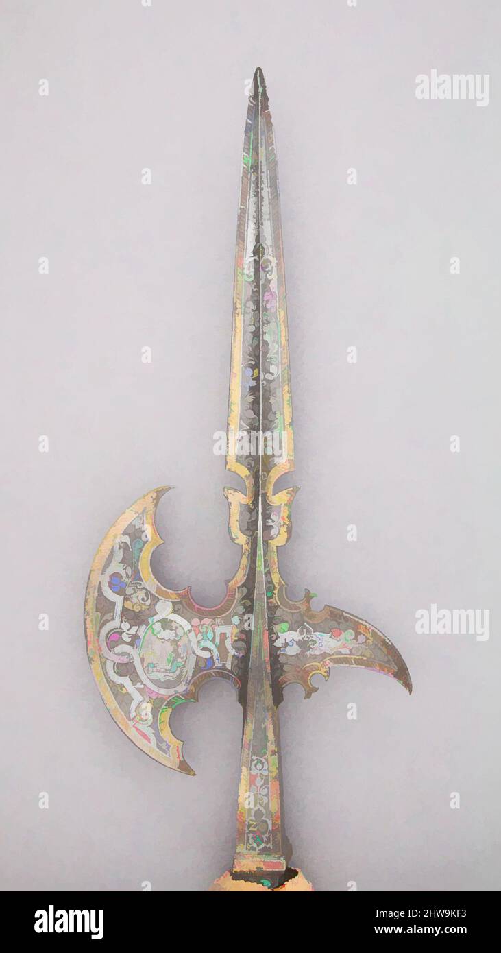 Art inspiré par Halberd de Wilhelm V, duc de Bavière (régné de 1579 à 97), en date de 1582, allemand, acier, bois, Or, textile, L. 93 1/2 po. (237,5 cm) ; L. de la tête 21 po. (53,3 cm) ; avec 8 11/16 po (22,1 cm) ; poids 6 lb 4,5 oz (2849,1 g), Shafted Weapted Weapons, Classic œuvres modernisées par Artotop avec une touche de modernité. Formes, couleur et valeur, impact visuel accrocheur sur l'art émotions par la liberté d'œuvres d'art d'une manière contemporaine. Un message intemporel qui cherche une nouvelle direction créative. Artistes qui se tournent vers le support numérique et créent le NFT Artotop Banque D'Images