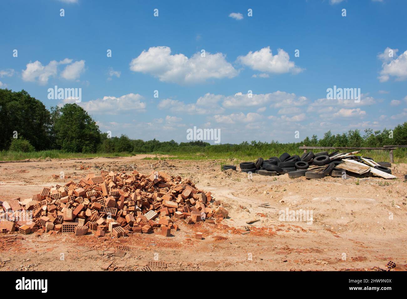 Pollution de l'environnement. Mise en décharge de briques cassées et de pneus usagés dans la nature Banque D'Images