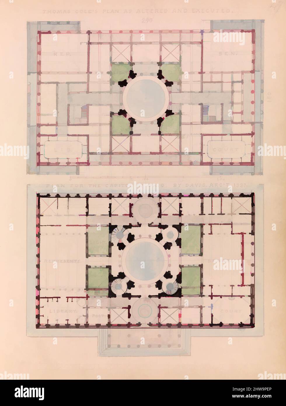 Art inspiré par dessins et estampes, dessin, Plan de Thomas Cole tel qu'modifié et exécuté; et Plan pour le Capitole de l'Ohio, par Davis, Arc't 1837, oeuvres classiques modernisées par Artotop avec un peu de modernité. Formes, couleur et valeur, impact visuel accrocheur sur l'art émotions par la liberté d'œuvres d'art d'une manière contemporaine. Un message intemporel qui cherche une nouvelle direction créative. Artistes qui se tournent vers le support numérique et créent le NFT Artotop Banque D'Images