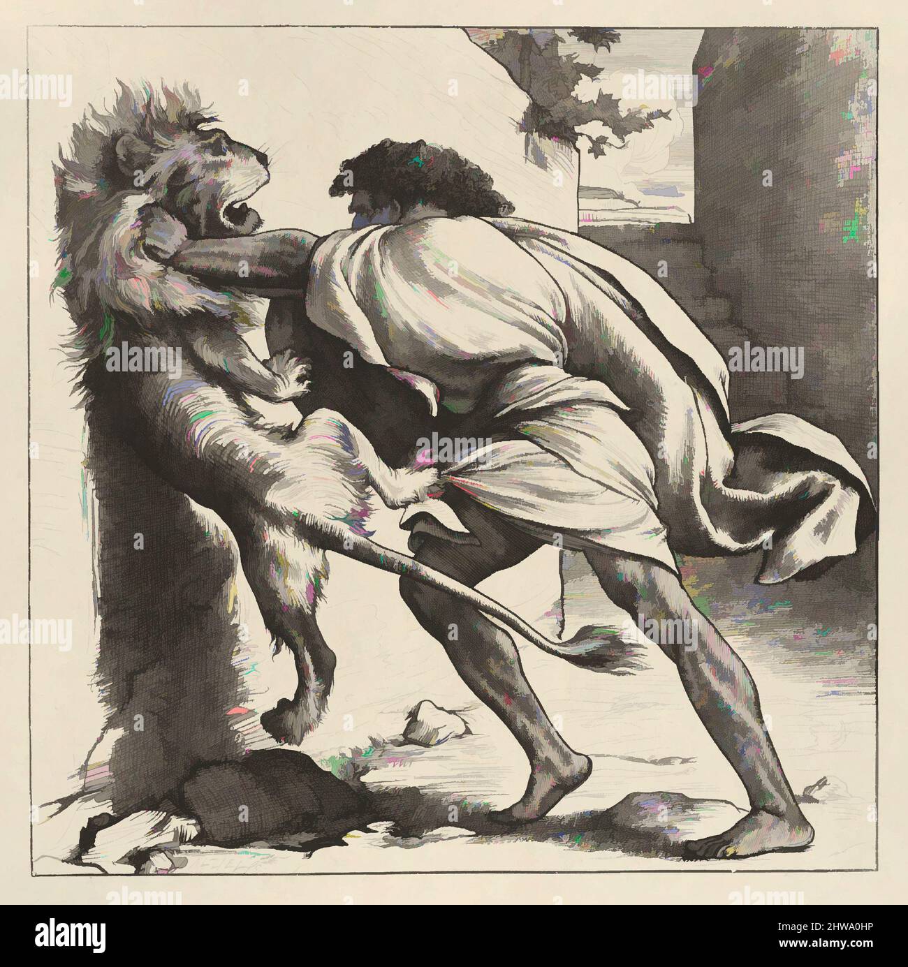 Art inspiré par dessins et estampes, Print, Samson et le Lion (Galerie biblique des Dalziels), Lord Leighton, œuvres classiques modernisées par Artotop avec une touche de modernité. Formes, couleur et valeur, impact visuel accrocheur sur l'art émotions par la liberté d'œuvres d'art d'une manière contemporaine. Un message intemporel qui cherche une nouvelle direction créative. Artistes qui se tournent vers le support numérique et créent le NFT Artotop Banque D'Images