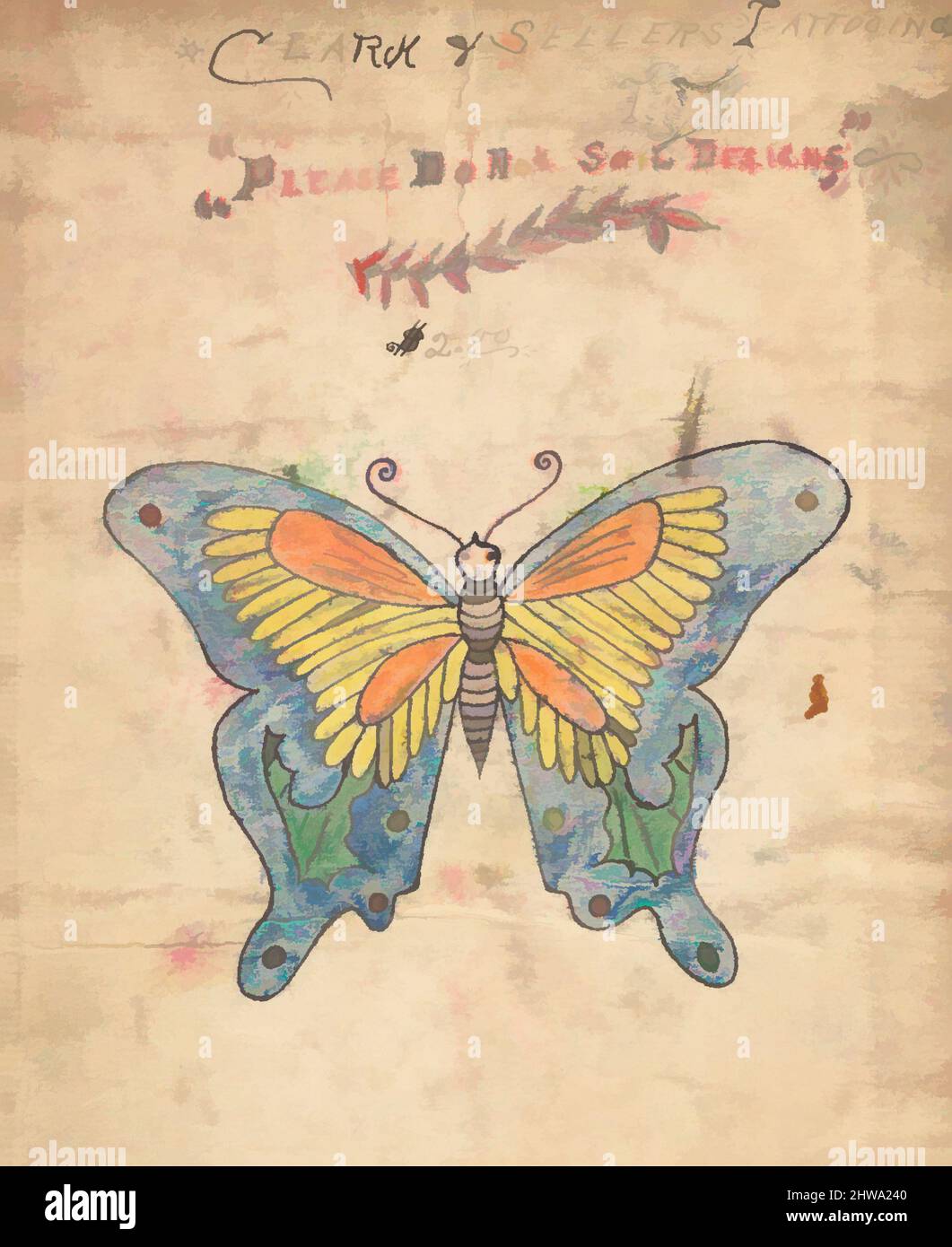 Art inspiré par les dessins et estampes, dessins Ephemera, Tattoo Design for a Butterfly, Artist, Clark & Sellers, cuisine américaine, active 20th Century, Œuvres classiques modernisées par Artotop avec une touche de modernité. Formes, couleur et valeur, impact visuel accrocheur sur l'art émotions par la liberté d'œuvres d'art d'une manière contemporaine. Un message intemporel qui cherche une nouvelle direction créative. Artistes qui se tournent vers le support numérique et créent le NFT Artotop Banque D'Images