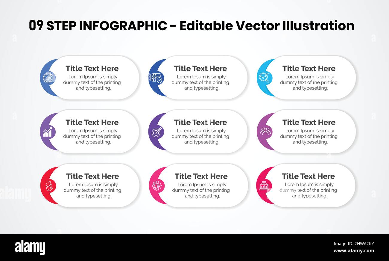 Modèle de conception d'infographies en 9 étapes - graphique, graphique à secteurs, présentation du flux de travail, schéma, brochure, rapport, présentation, web design. Vecteur modifiable Illustration de Vecteur