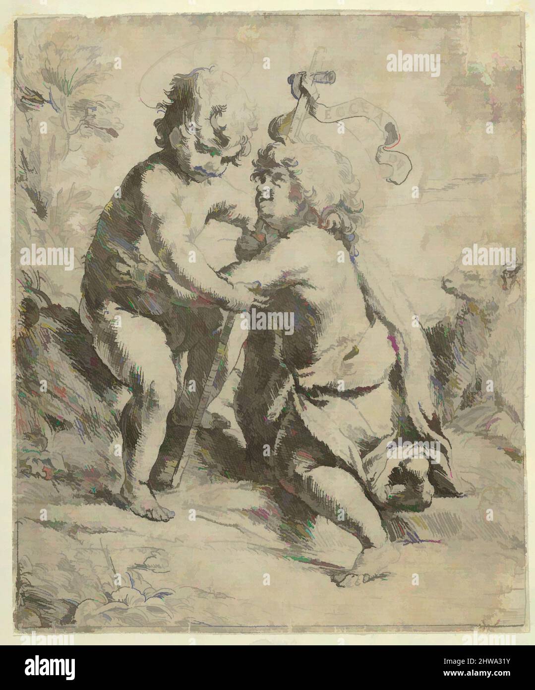 Art inspiré par le jeune Saint Jean-Baptiste agenouillé devant le jeune Christ qui l'embrasse, un agneau à droite, Guido Reni, oeuvres classiques modernisées par Artotop avec un peu de modernité. Formes, couleur et valeur, impact visuel accrocheur sur l'art émotions par la liberté d'œuvres d'art d'une manière contemporaine. Un message intemporel qui cherche une nouvelle direction créative. Artistes qui se tournent vers le support numérique et créent le NFT Artotop Banque D'Images