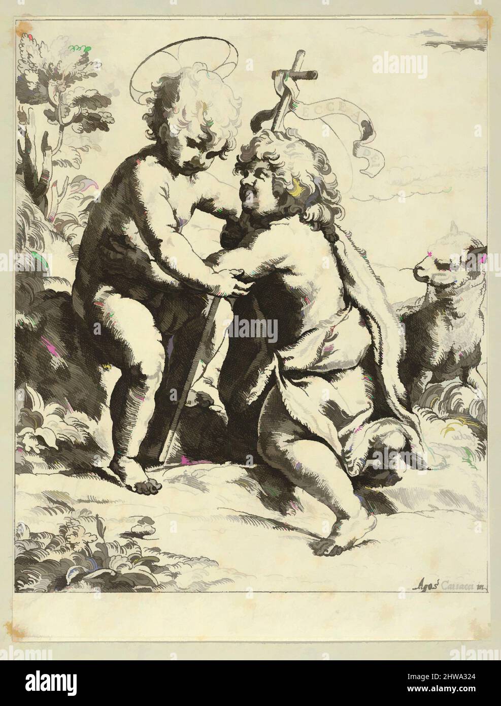 Art inspiré par le jeune Saint Jean-Baptiste agenouillé devant le jeune Christ qui l'embrasse, un agneau à droite, Guido Reni, oeuvres classiques modernisées par Artotop avec un peu de modernité. Formes, couleur et valeur, impact visuel accrocheur sur l'art émotions par la liberté d'œuvres d'art d'une manière contemporaine. Un message intemporel qui cherche une nouvelle direction créative. Artistes qui se tournent vers le support numérique et créent le NFT Artotop Banque D'Images