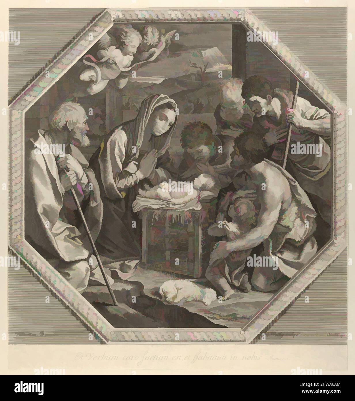 Art inspiré par dessins et estampes, l'impression, l'adoration des bergers qui s'agenouillent ensemble juste avant le bébé Christ, la Vierge, œuvres classiques modernisées par Artotop avec une touche de modernité. Formes, couleur et valeur, impact visuel accrocheur sur l'art émotions par la liberté d'œuvres d'art d'une manière contemporaine. Un message intemporel qui cherche une nouvelle direction créative. Artistes qui se tournent vers le support numérique et créent le NFT Artotop Banque D'Images