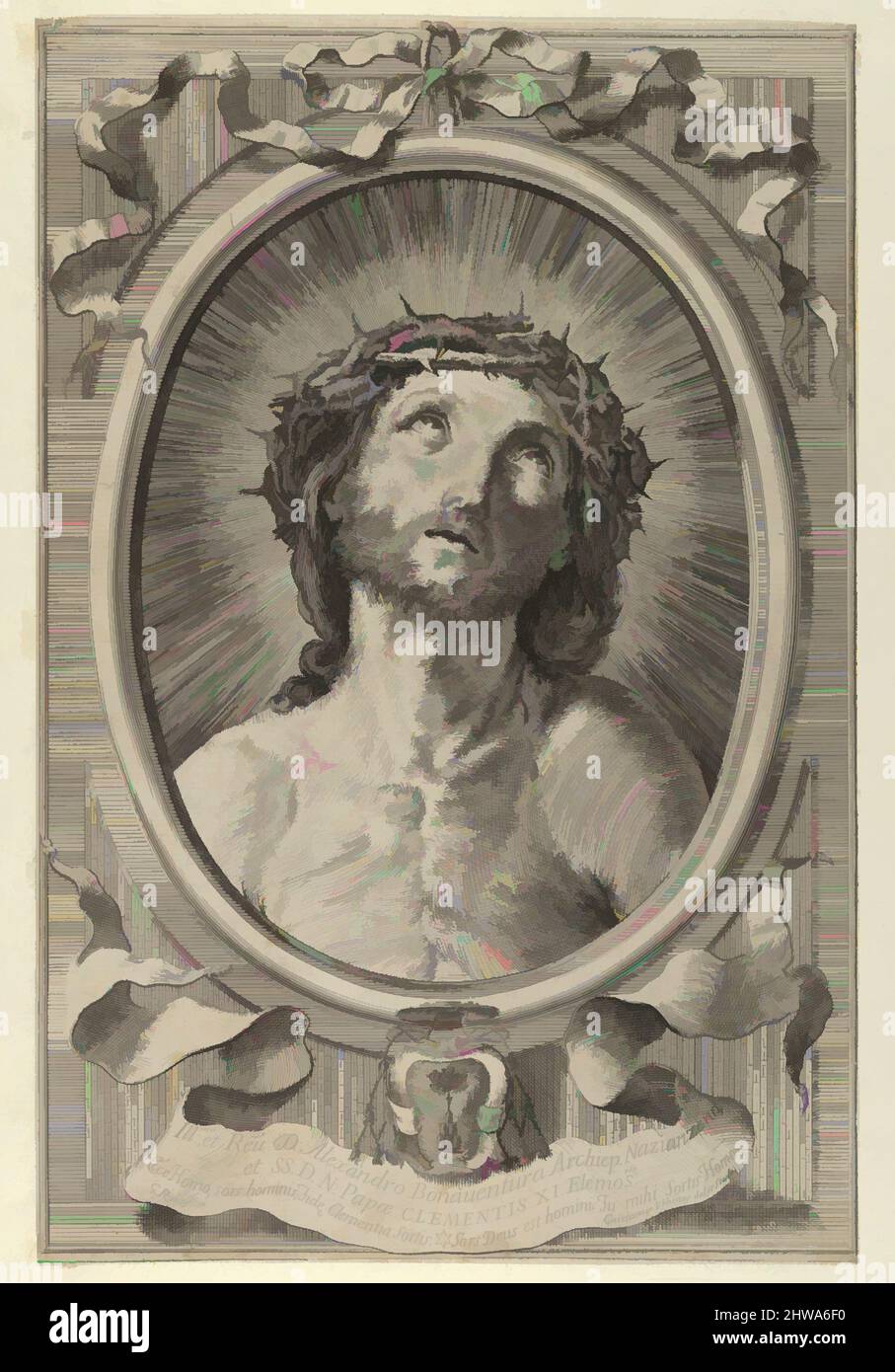 Art inspiré par dessins et estampes, Imprimer, Chef du Christ avec couronne d'épines, dans un cadre ovale avec un ruban au-dessus et un bandérole en dessous, oeuvres classiques modernisées par Artotop avec une touche de modernité. Formes, couleur et valeur, impact visuel accrocheur sur l'art émotions par la liberté d'œuvres d'art d'une manière contemporaine. Un message intemporel qui cherche une nouvelle direction créative. Artistes qui se tournent vers le support numérique et créent le NFT Artotop Banque D'Images
