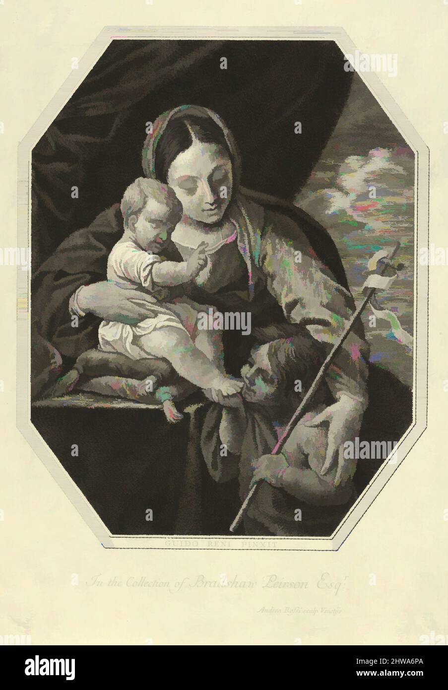 Art inspiré par les dessins et les imprimés, l'imprimé, la Vierge avec le bébé Christ assis sur un coussin et le jeune Saint Jean le Baptiste, oeuvres classiques modernisées par Artotop avec une touche de modernité. Formes, couleur et valeur, impact visuel accrocheur sur l'art émotions par la liberté d'œuvres d'art d'une manière contemporaine. Un message intemporel qui cherche une nouvelle direction créative. Artistes qui se tournent vers le support numérique et créent le NFT Artotop Banque D'Images