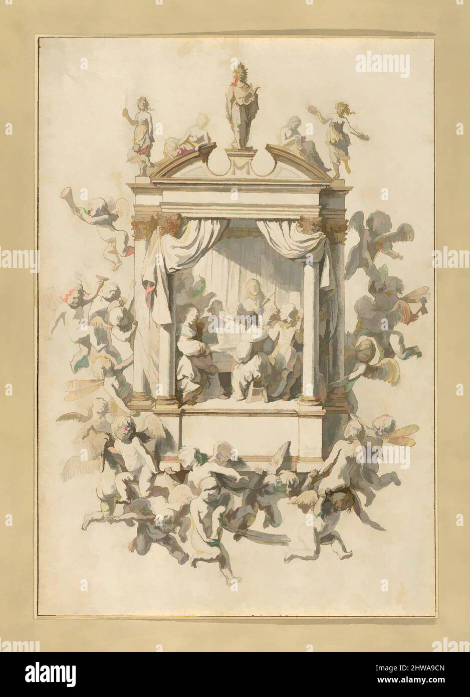 Art inspiré par dessins et estampes, dessin, Un groupe d'hommes et de femmes jouant de la musique de chambre dans un Portico, surmonté de statues d'Apollon, œuvres classiques modernisées par Artotop avec une touche de modernité. Formes, couleur et valeur, impact visuel accrocheur sur l'art émotions par la liberté d'œuvres d'art d'une manière contemporaine. Un message intemporel qui cherche une nouvelle direction créative. Artistes qui se tournent vers le support numérique et créent le NFT Artotop Banque D'Images