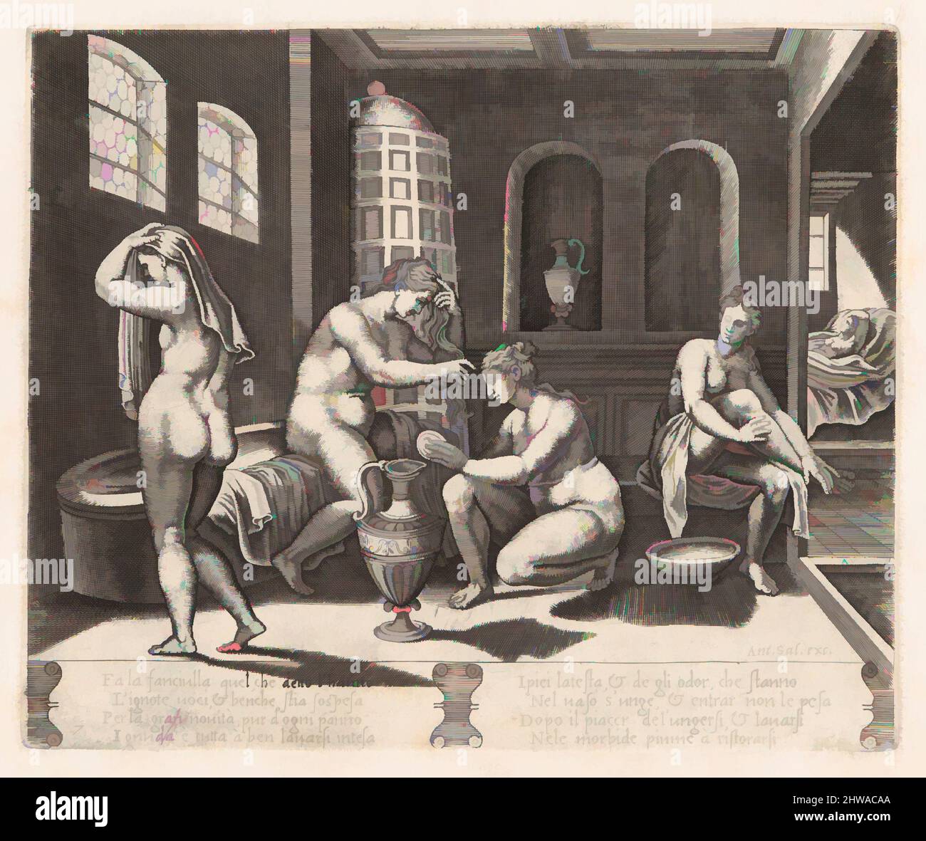 Art inspiré par dessins et estampes, Imprimer, planche 7: Psyché assisté dans son bain, de l'histoire de Cupid et psyché comme dit par Apuleius, oeuvres classiques modernisées par Artotop avec un peu de modernité. Formes, couleur et valeur, impact visuel accrocheur sur l'art émotions par la liberté d'œuvres d'art d'une manière contemporaine. Un message intemporel qui cherche une nouvelle direction créative. Artistes qui se tournent vers le support numérique et créent le NFT Artotop Banque D'Images