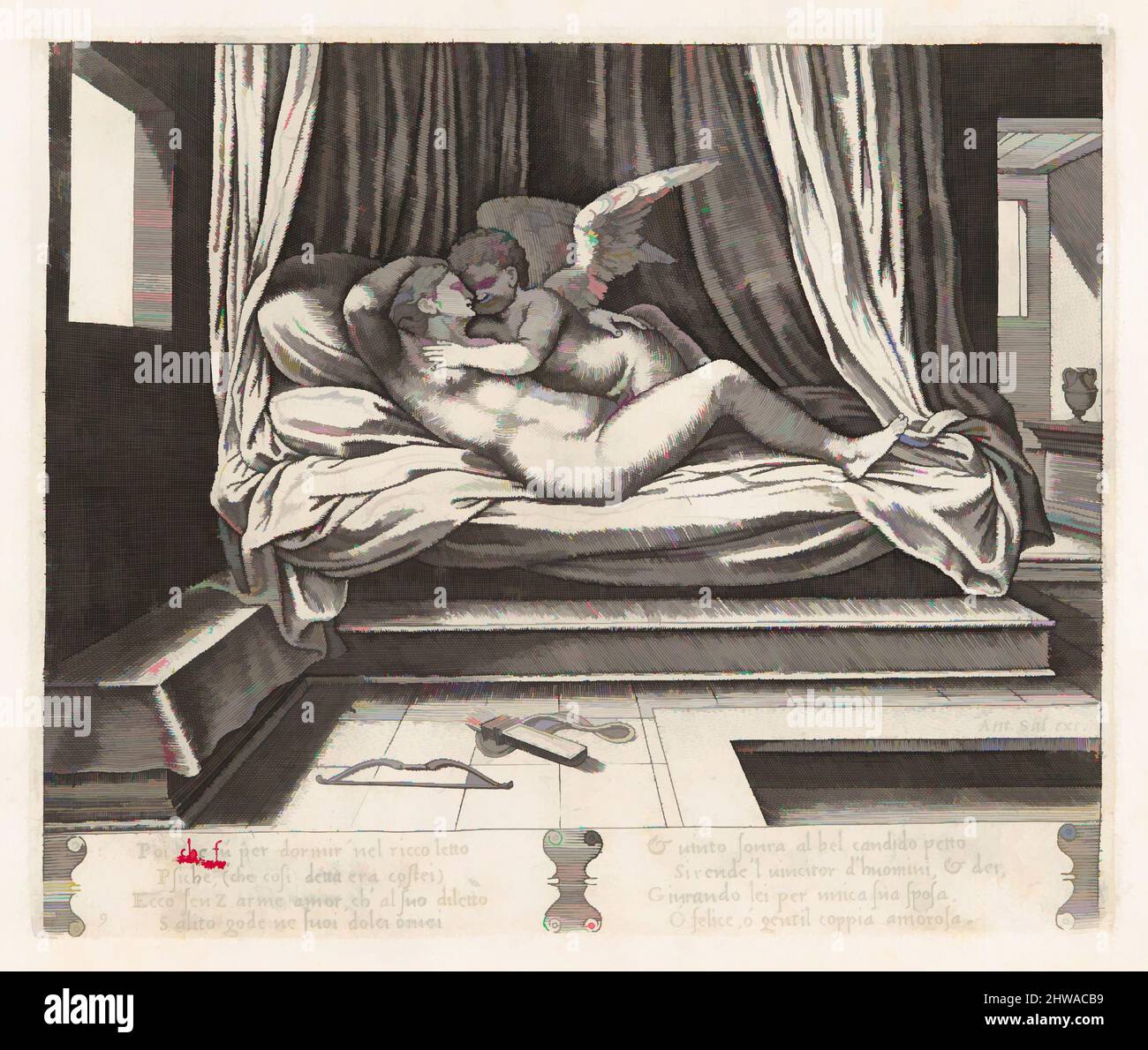 Art inspiré par dessins et estampes, Imprimer, planche 9: Cupid et psyché sur un lit, de l'histoire de Cupid et psyché comme dit par Apuleius, oeuvres classiques modernisées par Artotop avec un peu de modernité. Formes, couleur et valeur, impact visuel accrocheur sur l'art émotions par la liberté d'œuvres d'art d'une manière contemporaine. Un message intemporel qui cherche une nouvelle direction créative. Artistes qui se tournent vers le support numérique et créent le NFT Artotop Banque D'Images