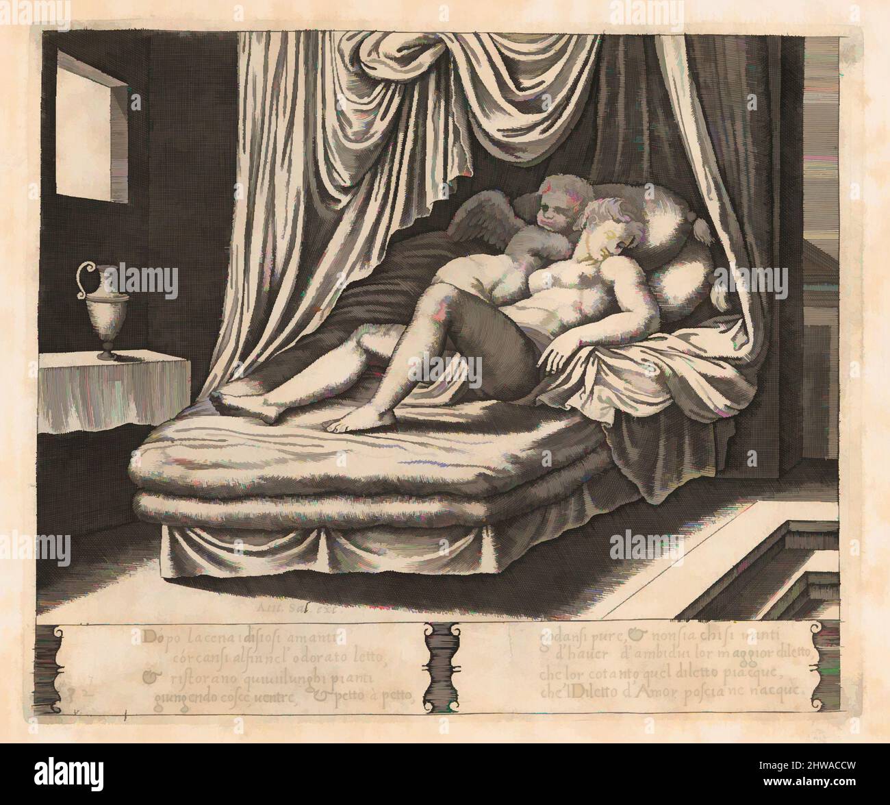 Art inspiré par la planche 32: Cupid et psyché dans le lit de la nuptial, de l'histoire de Cupid et psyché comme dit par Apuleius, Maître de la matrice, oeuvres classiques modernisées par Artotop avec un peu de modernité. Formes, couleur et valeur, impact visuel accrocheur sur l'art émotions par la liberté d'œuvres d'art d'une manière contemporaine. Un message intemporel qui cherche une nouvelle direction créative. Artistes qui se tournent vers le support numérique et créent le NFT Artotop Banque D'Images