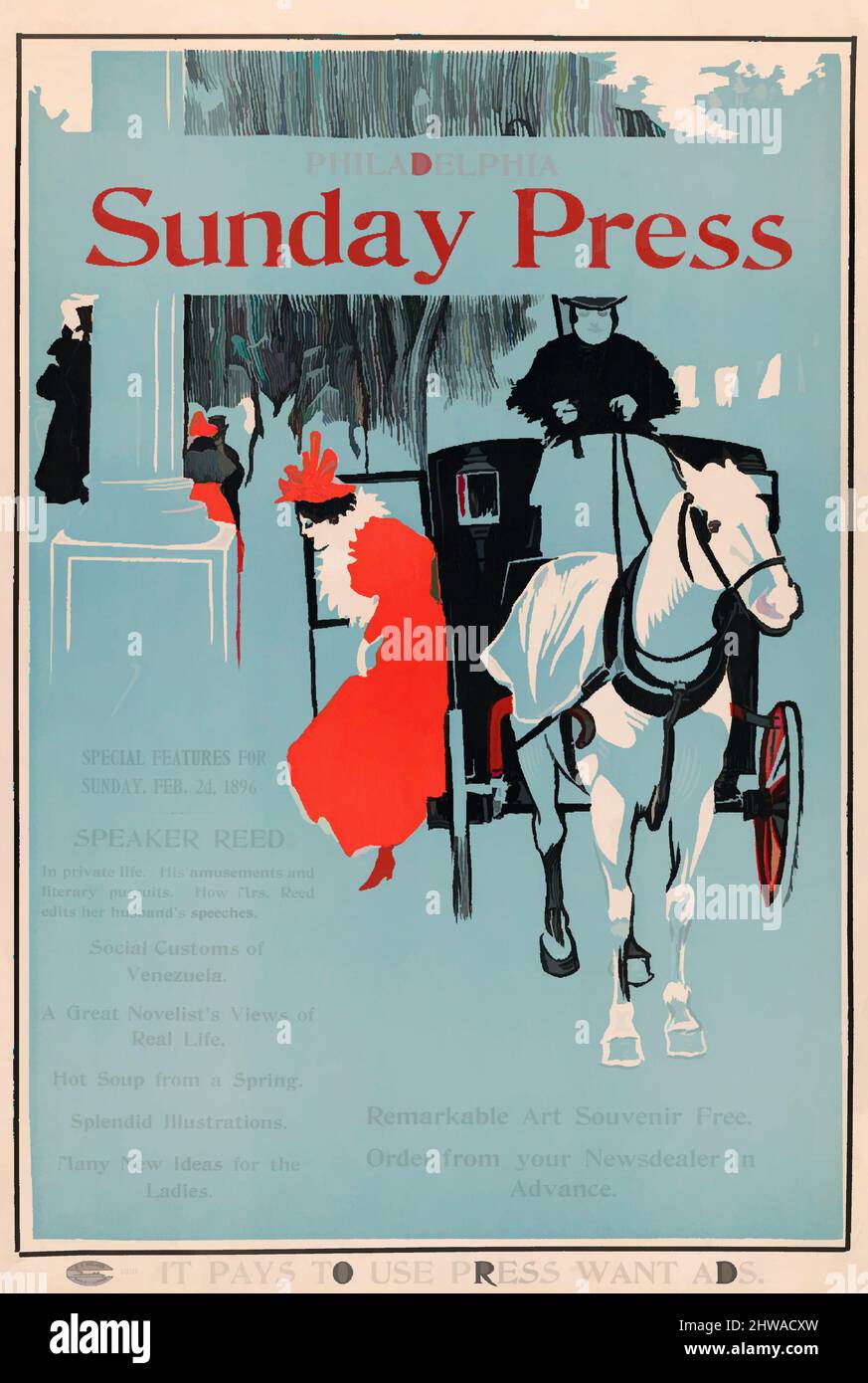 Art inspiré par dessins et estampes, affiche, Publicité pour Philadelphie Dimanche presse: 2D février 1896, artiste, George Reiter Brill, oeuvres classiques modernisées par Artotop avec un peu de modernité. Formes, couleur et valeur, impact visuel accrocheur sur l'art émotions par la liberté d'œuvres d'art d'une manière contemporaine. Un message intemporel qui cherche une nouvelle direction créative. Artistes qui se tournent vers le support numérique et créent le NFT Artotop Banque D'Images