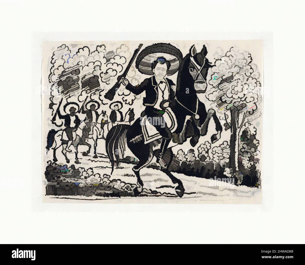 Art inspiré par dessins et estampes, Imprimer, Emiliano Zapata à cheval, scène de la Révolution mexicaine, artiste, José Guadalupe Posada, oeuvres classiques modernisées par Artotop avec un peu de modernité. Formes, couleur et valeur, impact visuel accrocheur sur l'art émotions par la liberté d'œuvres d'art d'une manière contemporaine. Un message intemporel qui cherche une nouvelle direction créative. Artistes qui se tournent vers le support numérique et créent le NFT Artotop Banque D'Images