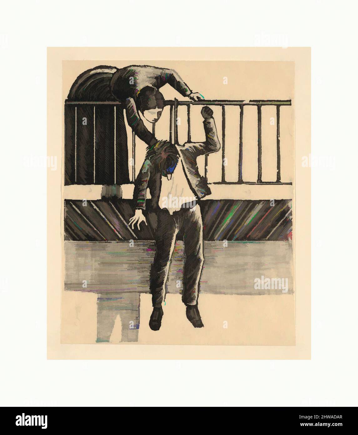 Art inspiré par dessins et estampes, Print, Une femme découvrant un homme qui s'est suicidé en s'accrochant à un balcon, Classic œuvres modernisées par Artotop avec un peu de modernité. Formes, couleur et valeur, impact visuel accrocheur sur l'art émotions par la liberté d'œuvres d'art d'une manière contemporaine. Un message intemporel qui cherche une nouvelle direction créative. Artistes qui se tournent vers le support numérique et créent le NFT Artotop Banque D'Images