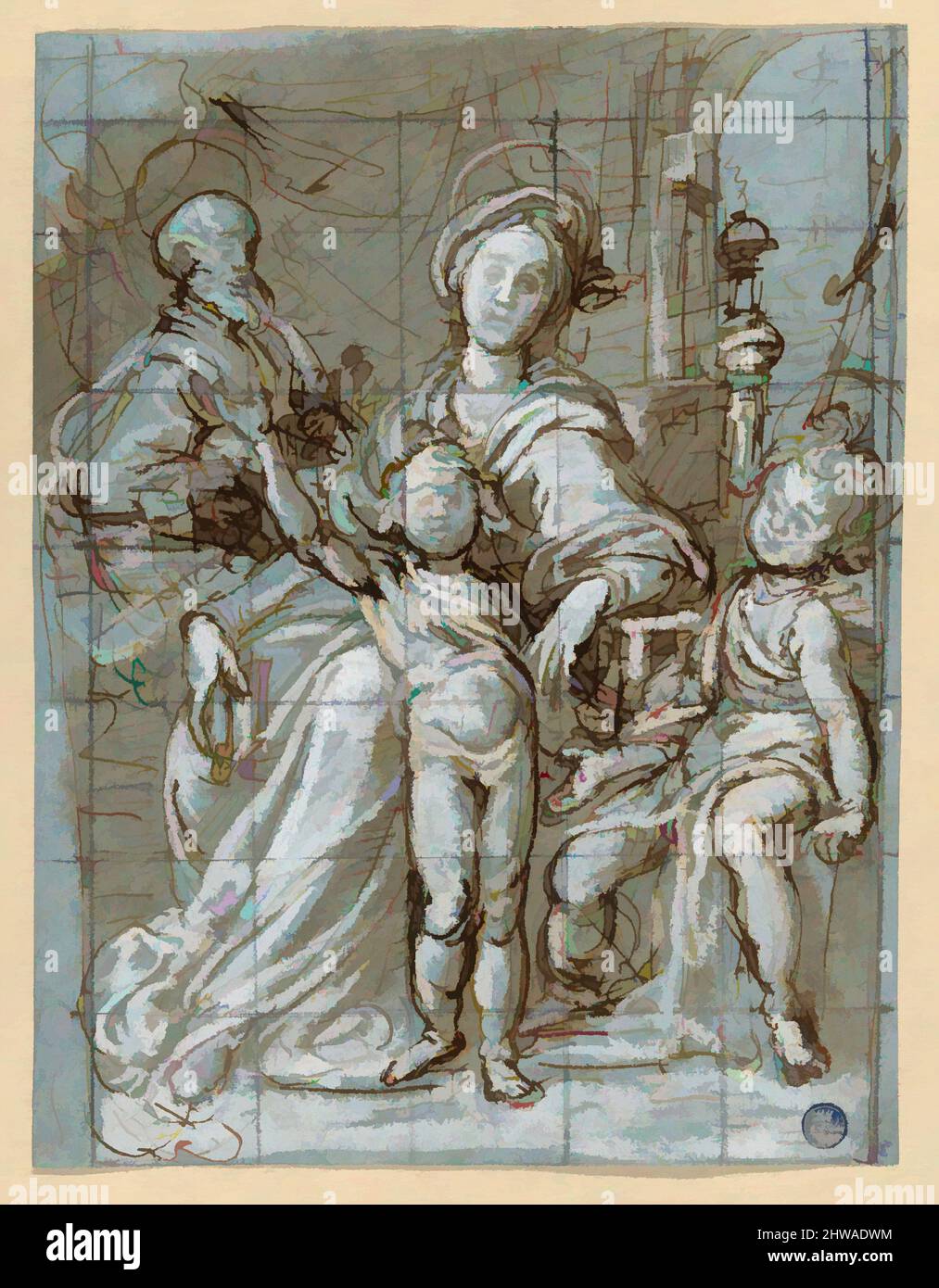 Art inspiré par les dessins et les imprimés, dessin, Sainte famille avec le bébé Saint-Jean-Baptiste (recto); grandes ébauches de pantacourt, œuvres classiques modernisées par Artotop avec une touche de modernité. Formes, couleur et valeur, impact visuel accrocheur sur l'art émotions par la liberté d'œuvres d'art d'une manière contemporaine. Un message intemporel qui cherche une nouvelle direction créative. Artistes qui se tournent vers le support numérique et créent le NFT Artotop Banque D'Images