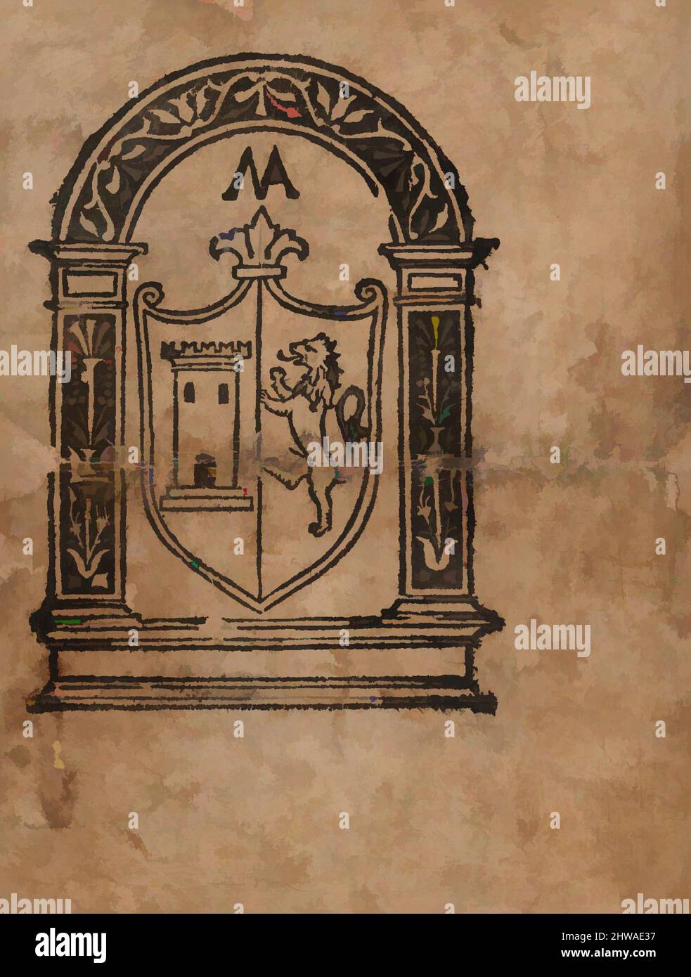 Art inspiré par dessins et estampes, impression, illustration de livre ou plus probablement une marque avec un manteau de bras avec un lion et une tour, œuvres classiques modernisées par Artotop avec une touche de modernité. Formes, couleur et valeur, impact visuel accrocheur sur l'art émotions par la liberté d'œuvres d'art d'une manière contemporaine. Un message intemporel qui cherche une nouvelle direction créative. Artistes qui se tournent vers le support numérique et créent le NFT Artotop Banque D'Images