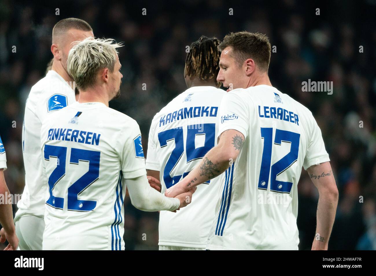 Copenhague, Danemark. 04th mars 2022. Lukas Lerager (12) du FC Copenhague a obtenu un score pour 3-0 et fête avec Peter Ankersen (22) lors du match Superliga 3F entre le FC Copenhague et le Randers FC à Parken à Copenhague. (Crédit photo : Gonzales photo/Alamy Live News Banque D'Images