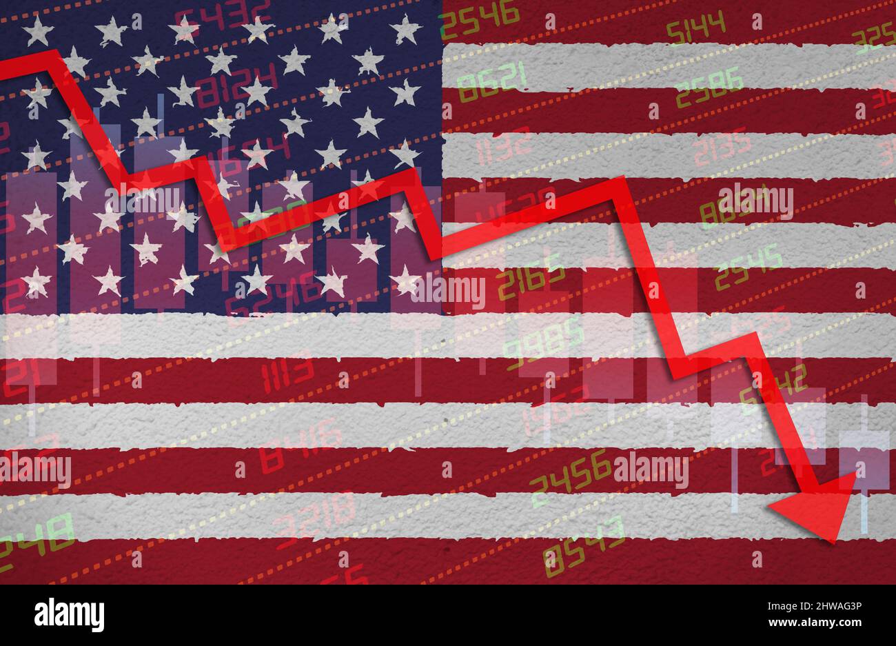 Crise économique avec flèche vers le bas du graphique boursier en territoire négatif rouge sur le drapeau américain peint sur le mur. Baisse du marché financier et des affaires Banque D'Images