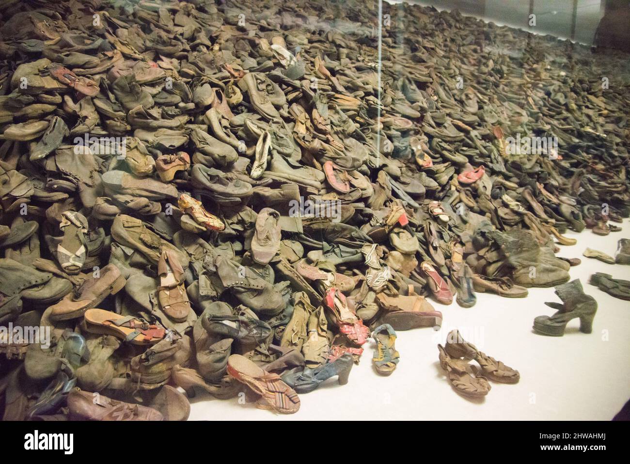 Chaussures de prisonniers à Auschwitz Birkenau, camp de concentration et d'extermination pendant la Seconde Guerre mondiale Banque D'Images