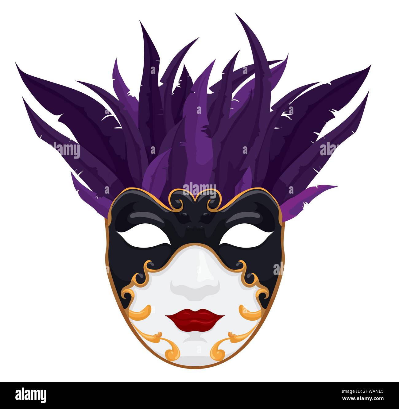 Masque Volto extravagant avec décorations noires et dorées et panache à plumes en haut, pour femme pendant la saison du carnaval de Venise. Illustration de Vecteur