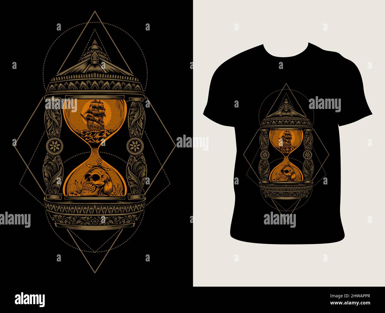 illustration vecteur antique hourglass ornement avec t-shirt design Illustration de Vecteur