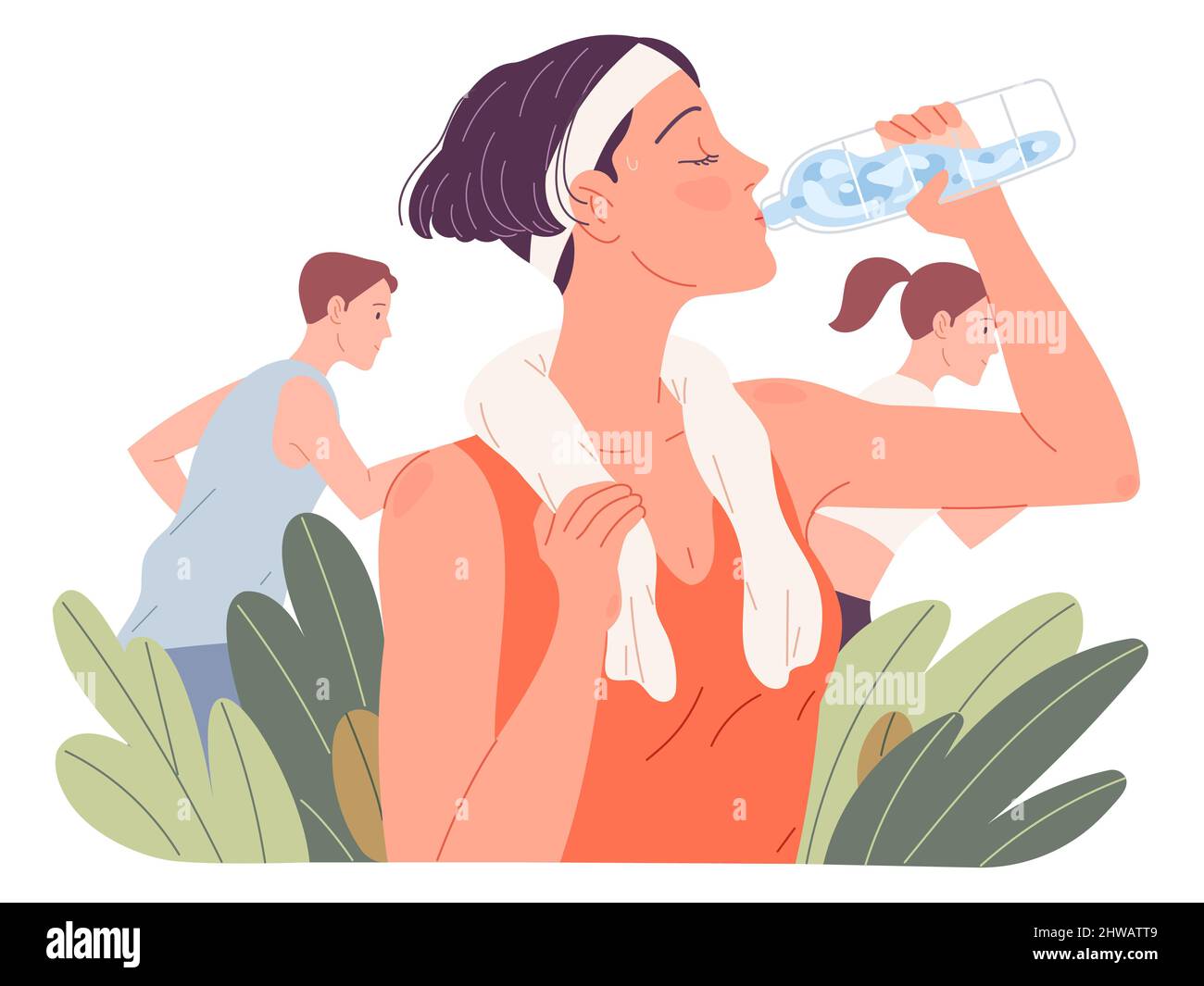 Faire boire de l'eau à la femme. Une fille boit pendant la course en été. Illustration de Vecteur