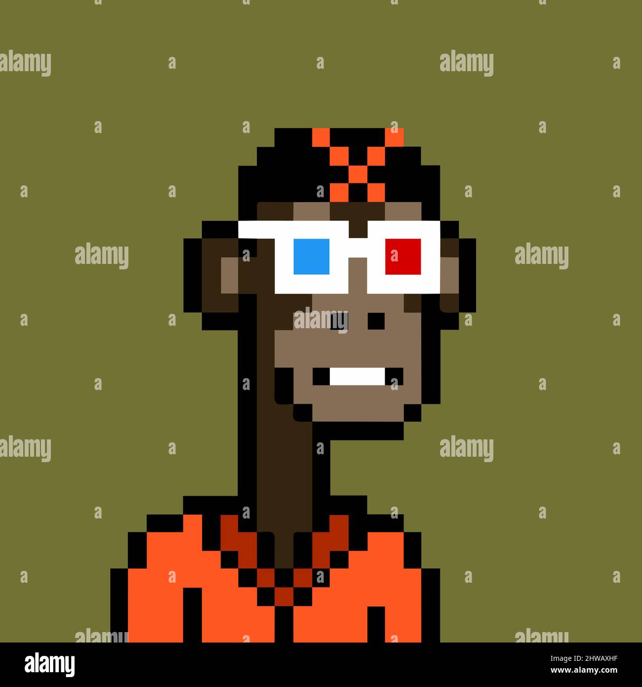 Variante NFT de caractères Cryptoapes. avatar de singe ennuyé de pixels 8 bits avec chapeau et 3d lunettes. Illustration vectorielle Illustration de Vecteur