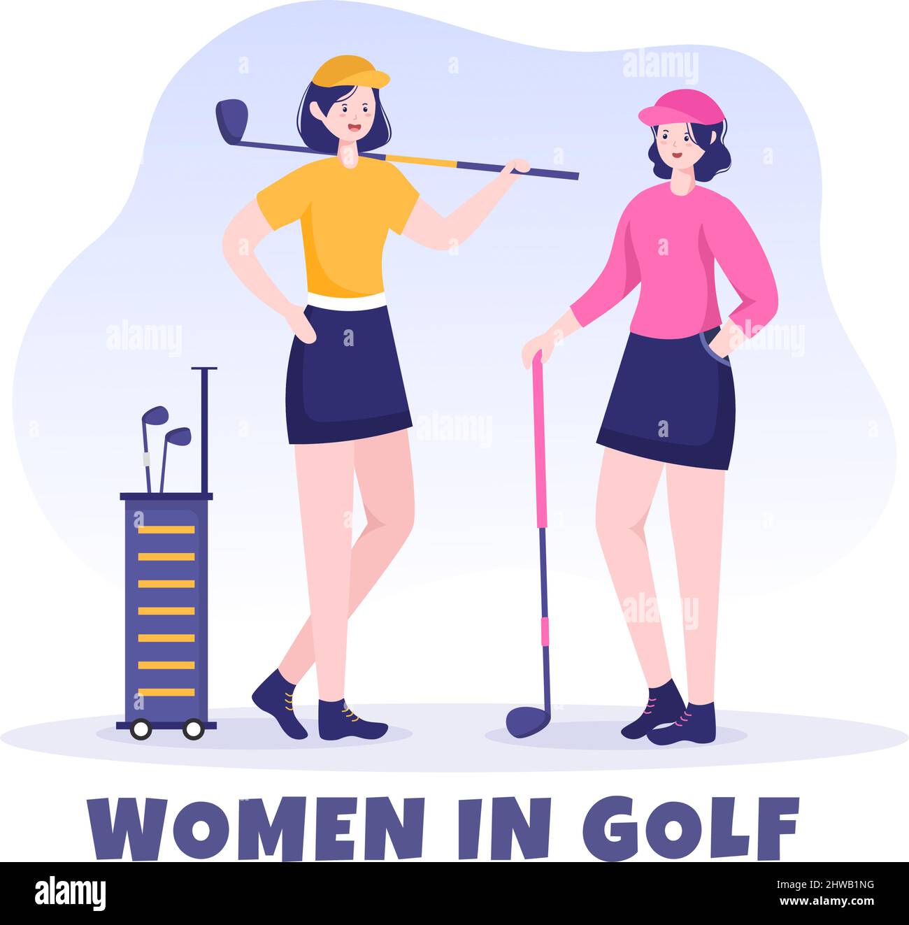 Jouer au sport de golf avec des drapeaux, du sable, du sable et de l'équipement sur l'extérieur Yard Green plantes dans un dessin-fond plat Illustration de Vecteur