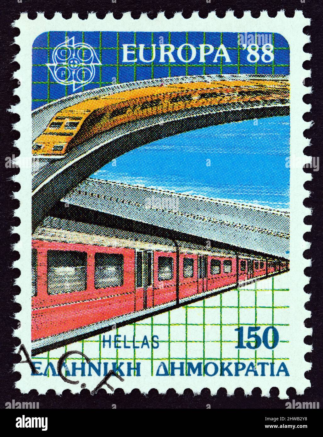 GRÈCE - VERS 1988: Un timbre imprimé en Grèce de l'Europa. Le numéro de Transports et Communications montre les trains express et de banlieue modernes. Banque D'Images