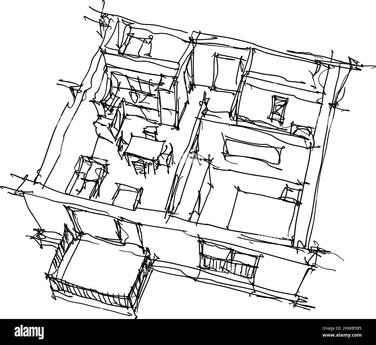 Croquis dessinés à la main, de Perspective découper diagramme d'un appartement d'une chambre entièrement meublé Banque D'Images