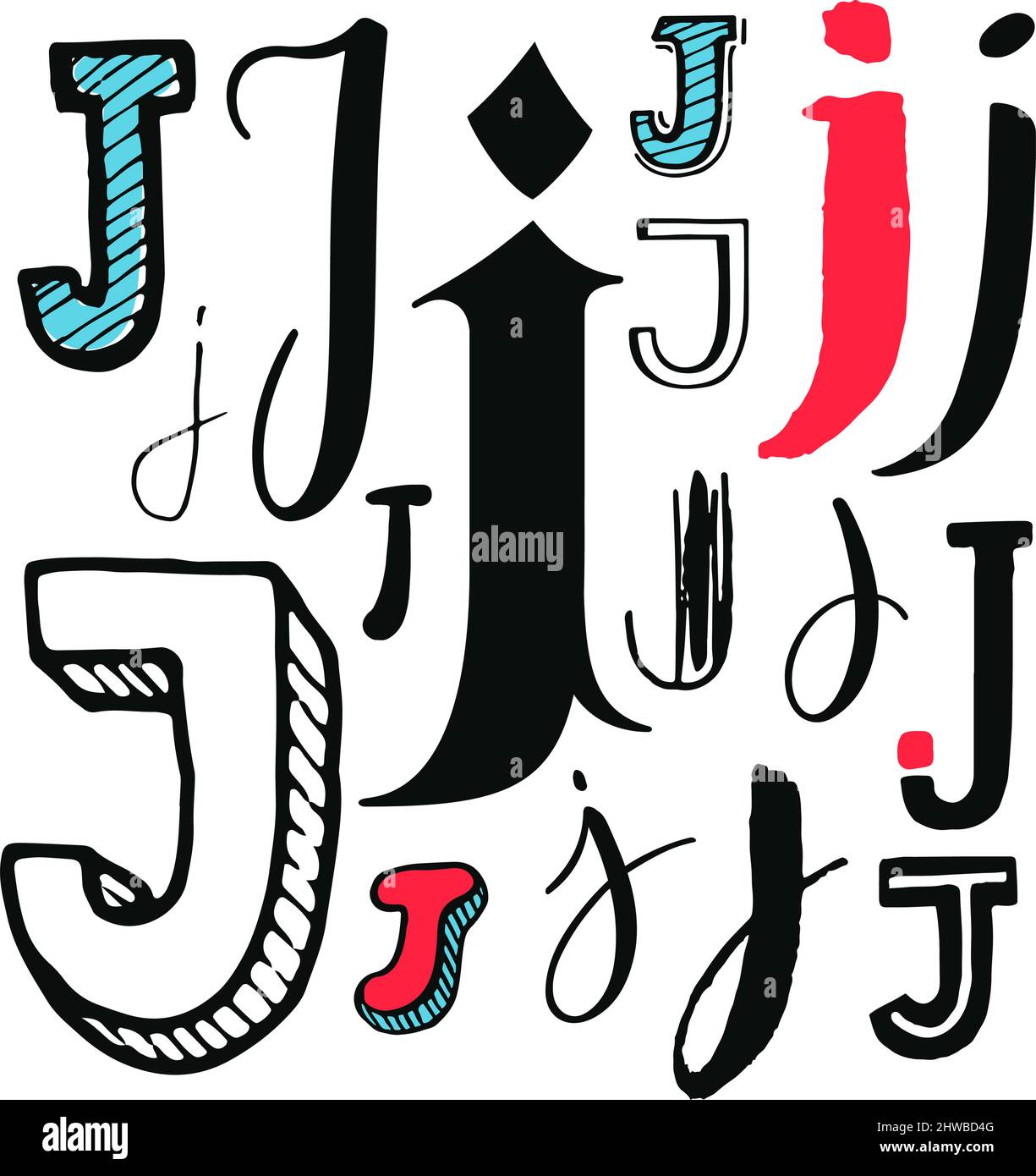 Jeu de lettres J. Différents styles. Illustration dessinée à la main Illustration de Vecteur