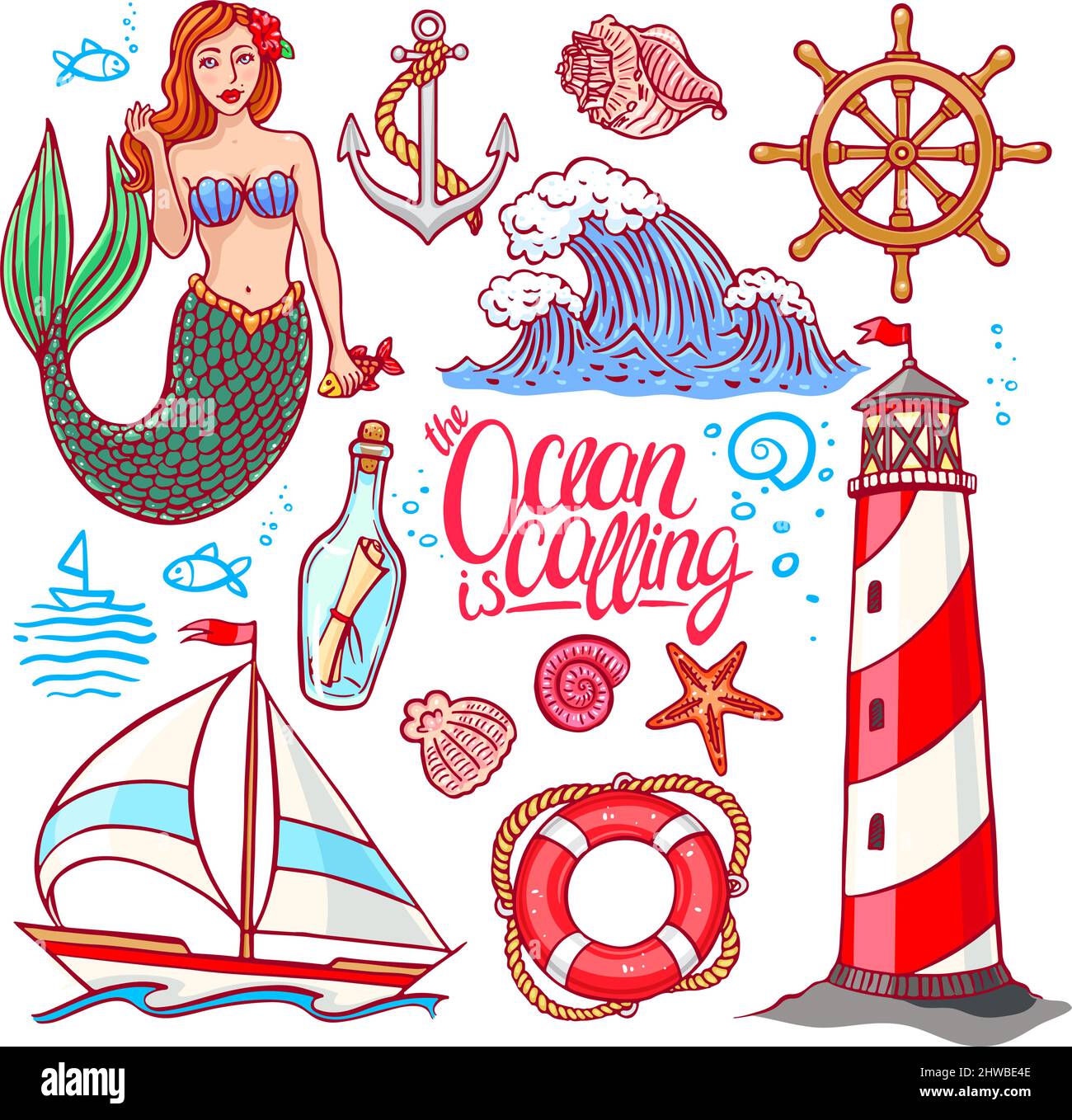 magnifique décor coloré sur le thème marin. Mermaid et le phare. Illustration dessinée à la main Illustration de Vecteur