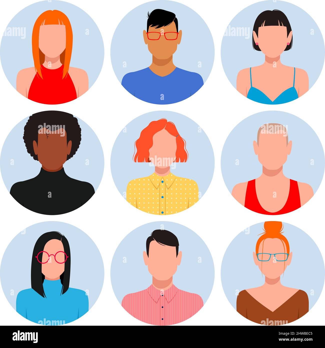 Personnes avec des visages vides ensemble d'avatar . Différentes couleurs de peau, cheveux et vêtements Illustration de Vecteur