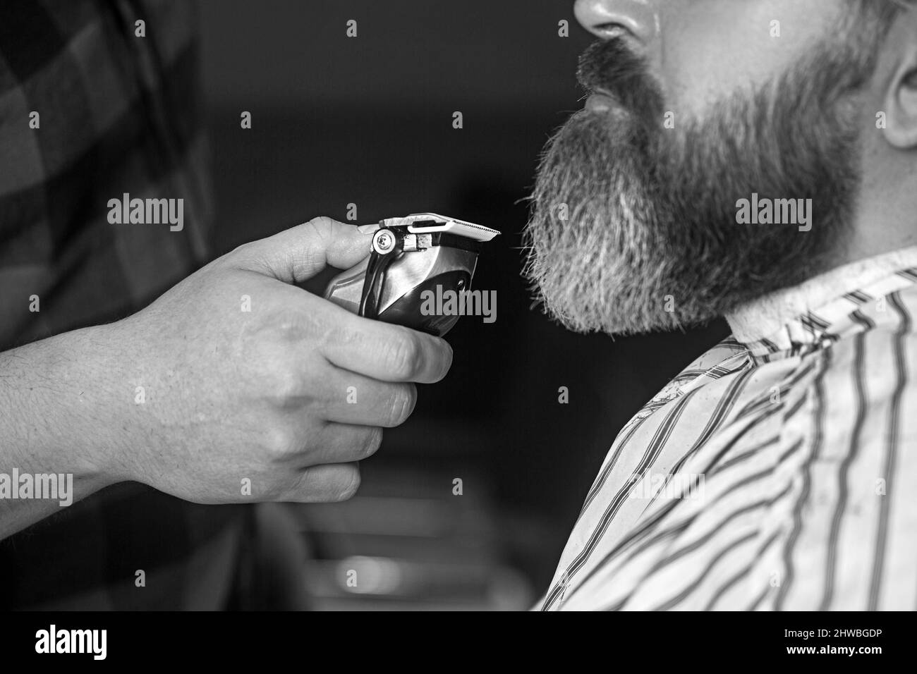 Barber coupe sa barbe avec un rasoir et une tondeuse.Gros plan Banque D'Images