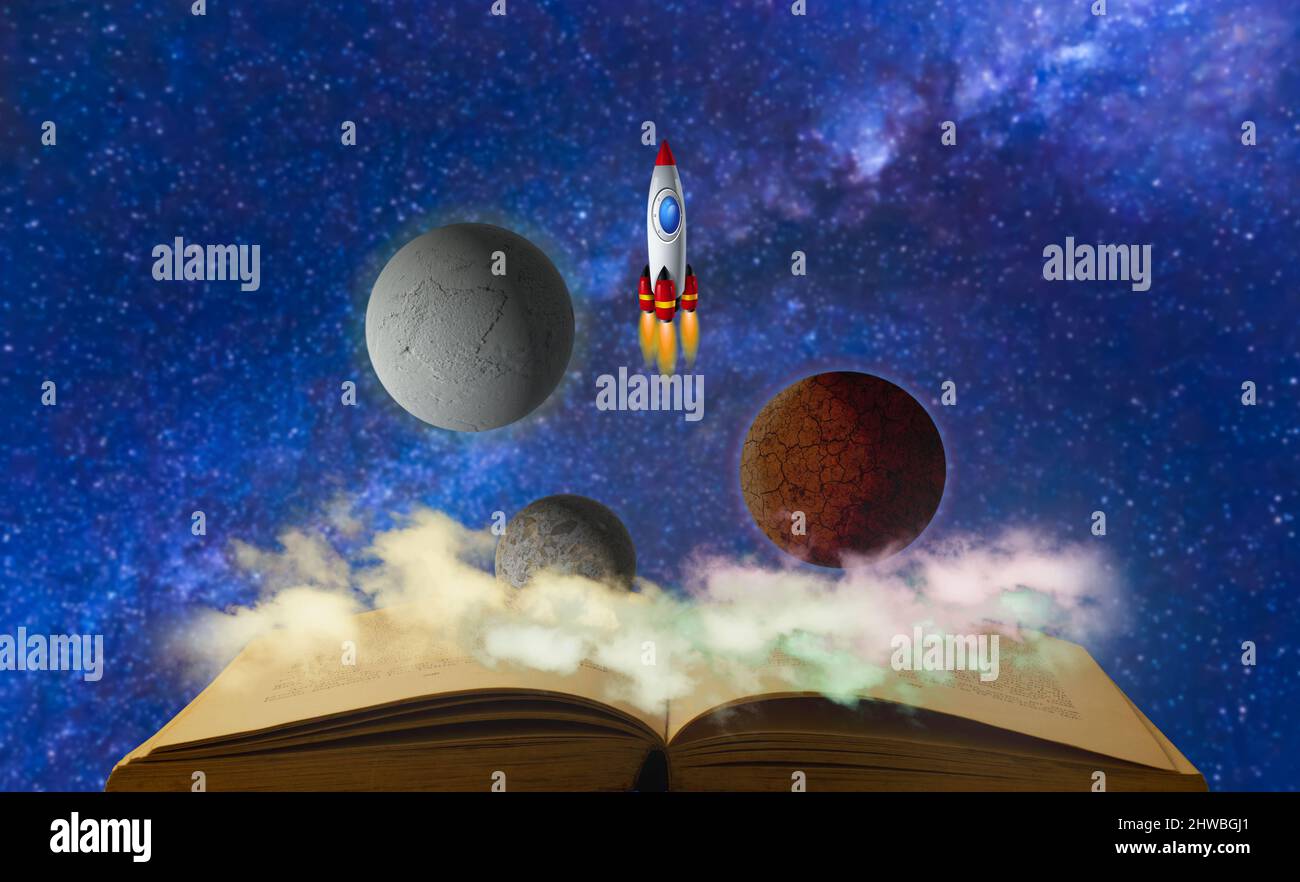 Livre de magie d'astronomie pour les enfants, livre de magie ouverte avec des planètes et des vaisseaux spatiaux. Arrière-plan de manière laiteuse Banque D'Images