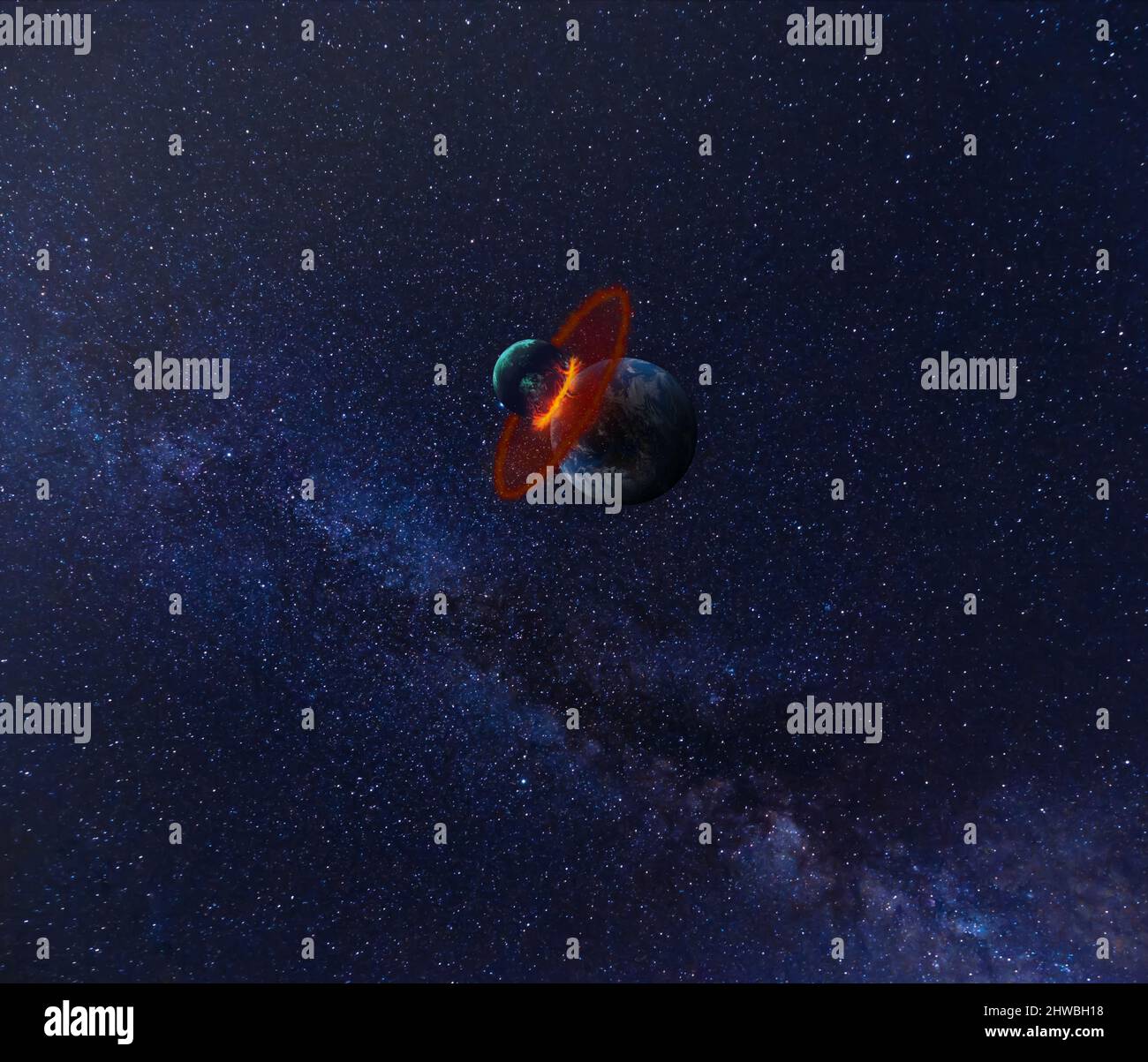 Collision entre deux exoplanètes dans l'espace avec une explosion et des débris. Arrière-plan avec la voie lactée. Quelques éléments de cette image fournis par la NASA Banque D'Images