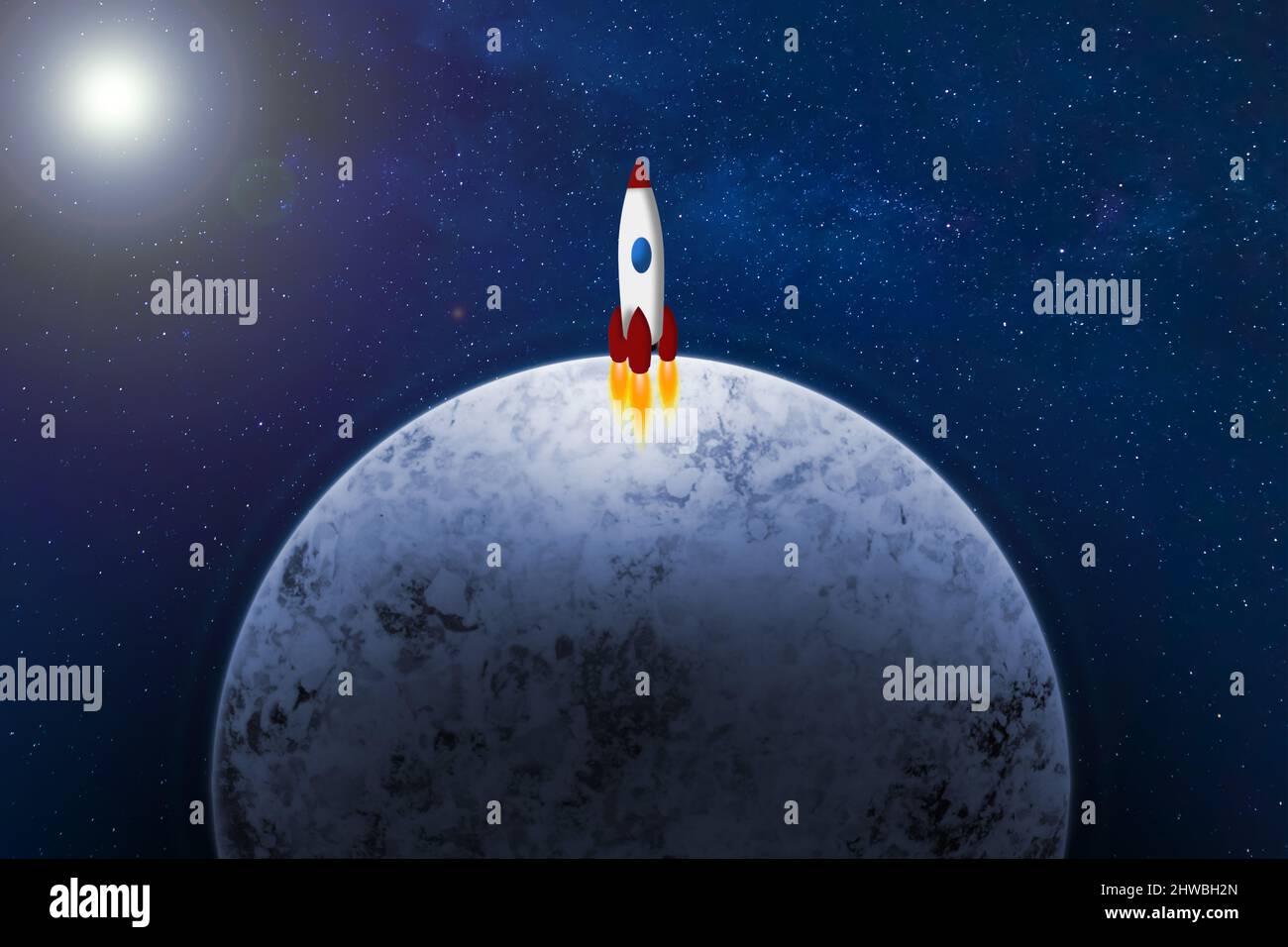 Exoplanète de glace avec une fusée, arrière-plan avec soleil éloigné, étoiles et nébuleuses.exploration spatiale Banque D'Images