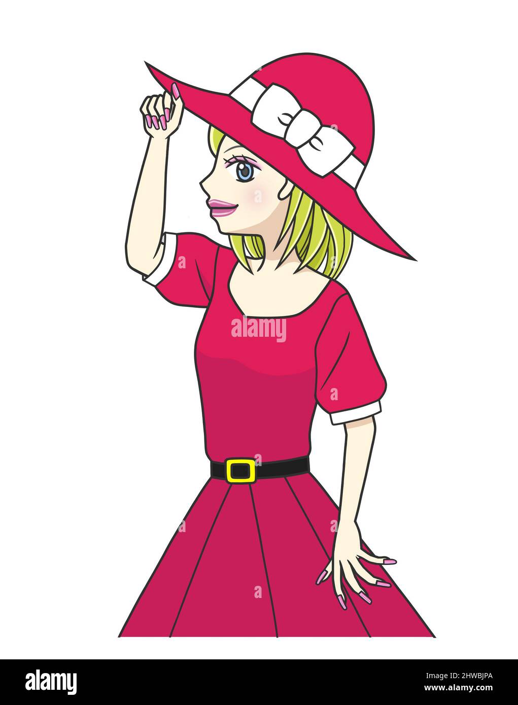 Une jeune femme aux cheveux blonds vêtue de rouge posant avec son chapeau Banque D'Images