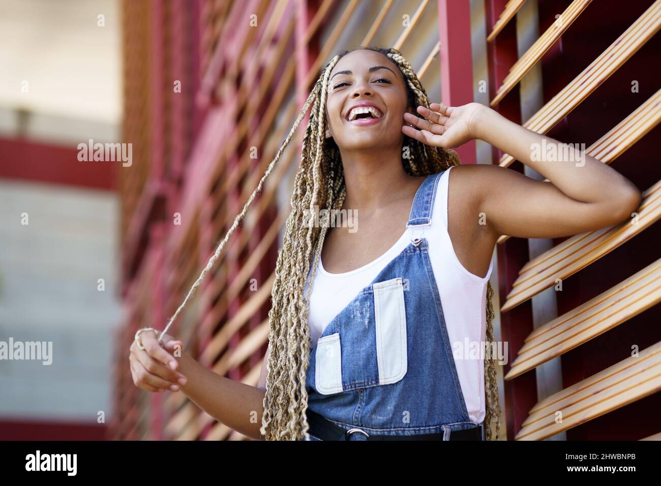 Femme noire souriante avec des tresses de couleur. Style africain typique. Banque D'Images