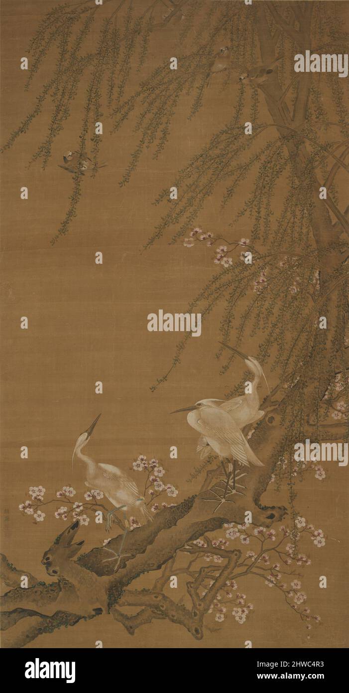 Aigrettes, petits oiseaux, Willows et Blossoms de pêche. Artiste, attribué à: Zhao Yong, Chinois, né en 1289 Banque D'Images