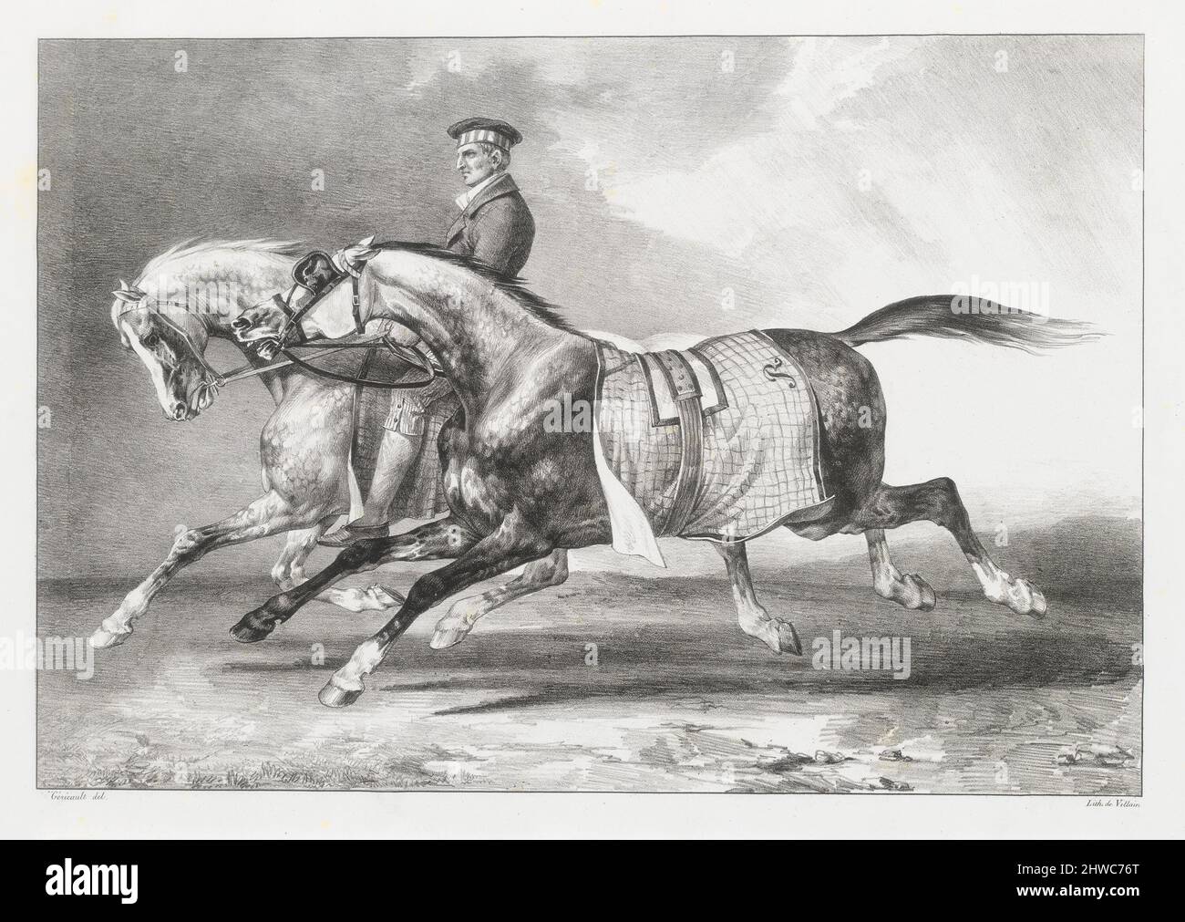 Deux chevaux gris pommelé que l’on promène (deux Dapple-Grays étant exercés). Artiste : Théodore Géricault, français, 1791–1824 Banque D'Images