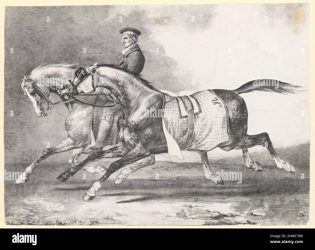Deux chevaux gris pommelé que l’on promène (deux Dapple-Grays étant exercés). Artiste : Théodore Géricault, français, 1791–1824 Banque D'Images